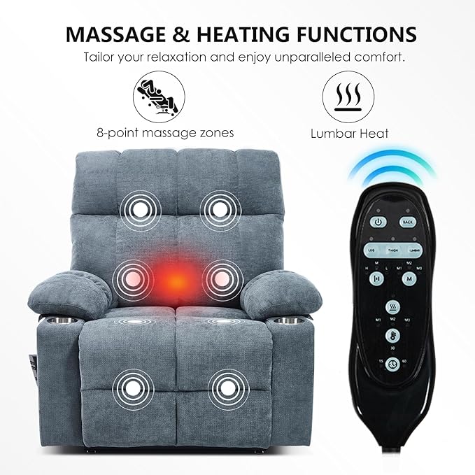 Oversized Recliner with Massage and Heating, Power Lift Chairs for Elderly, Extra Wide Recliner Chair for Living Room with Cup Holders, Dual Motor, Chenille Fabric - Grayish Blue