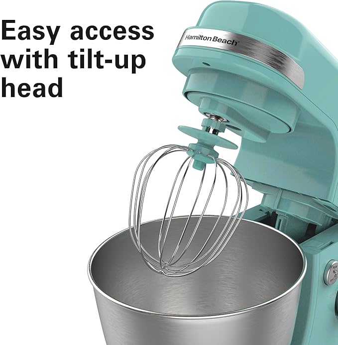 Hamilton Beach Electric Stand Mixer, 4 Quarts, Dough Hook, Flat Beater Attachments, Splash Guard 7 Speeds with Whisk, Aqua