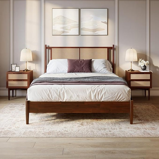 Bme Oliver Headboard Queen Size Bed Frame - 15-Inch Signature Design with Rattan Headboard, Bohemian and Mid Century Style, 12-Slat Wood Support, No Box Spring Needed - Easy Assembly, Walnut