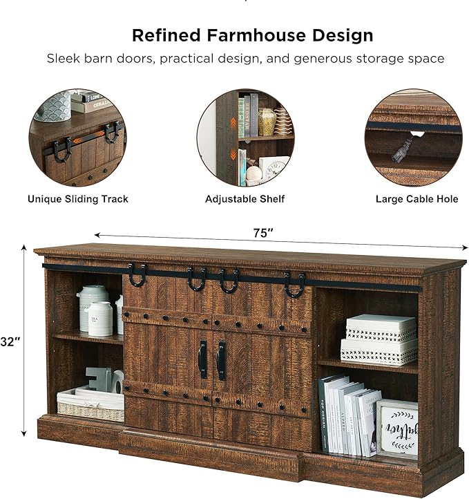 OKD Farmhouse 75" TV Stand for 80 85 Inch TV, Rustic Media Console Table with Sliding Barn Door, Large Highboy Entertainment Center with Storage Cabinet for Living Room, Bedroom, Reclaimed Barnwood