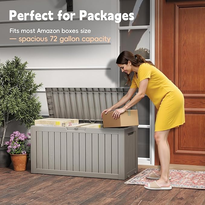 Outdoor Storage Box, 72 Gallon Waterproof Resin Deck Box, Storage Bin for Package Delivery, Patio Furniture Cushion, Garden Tools, Pool Accessories, Weatherproof and UV Resistant, Grey