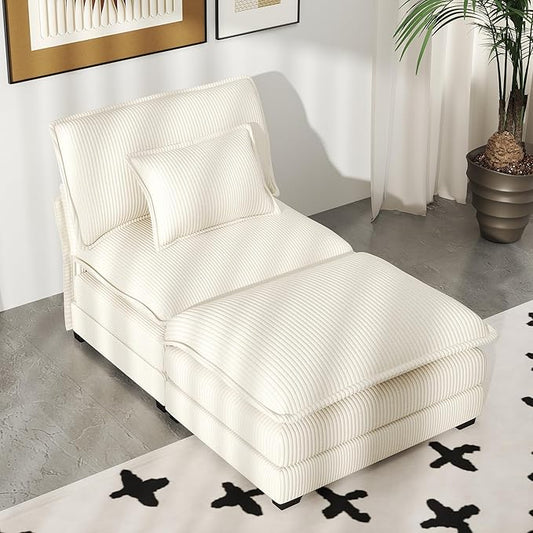 Real Relax 34.9'' Modular Sectional Sofa, Single Seat Without Armrest Corduroy Convertible Couch with Movable Ottoman, 2 Pillows for Living Room, Office and Leisure Places, Beige