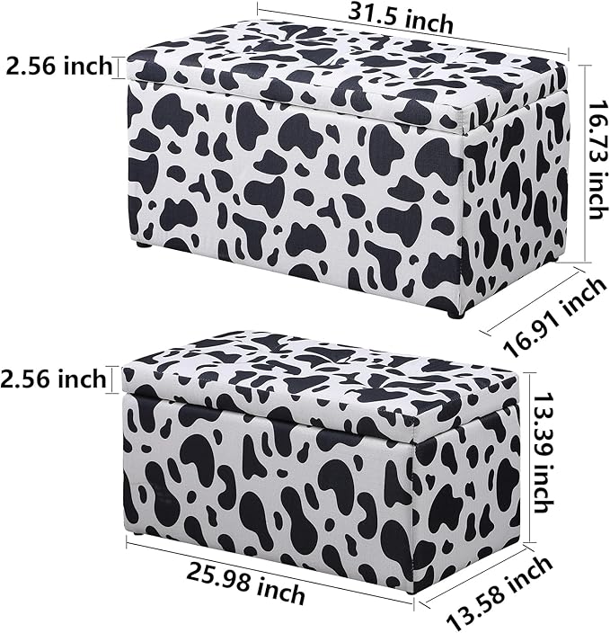 Storage Ottoman Bench with 2.56-inch Thick Seat, 31.5 inch Nesting Ottoman Set of 2, Hinged Flip Top Bench with Storage for Living Room, Bedroom, Cow Print