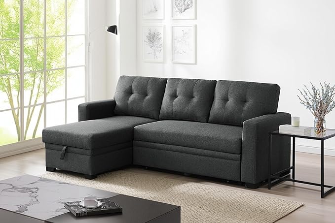 82 Inch Convertible Sleeper Sectional Sofa with Storage Chaise and Pull-Out Bed, Linen Upholstered Reversible Corner Couch, Modular L Shaped Couches for Living Room, Home Furniture, Dark Gray