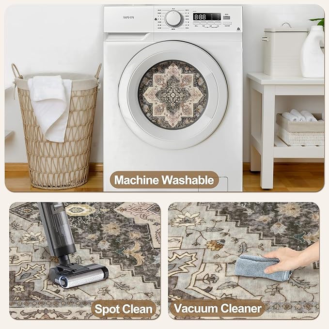 Kitchen Rugs 2x4 Washable Rug for Entryway Vintage Non Slip Small Rugs Front Door Mat Indoor Entrance, Print Distressed Throw Rug Grey Brown Soft Low Pile Rugs Small Carpet for Entry Bedroom Bathroom