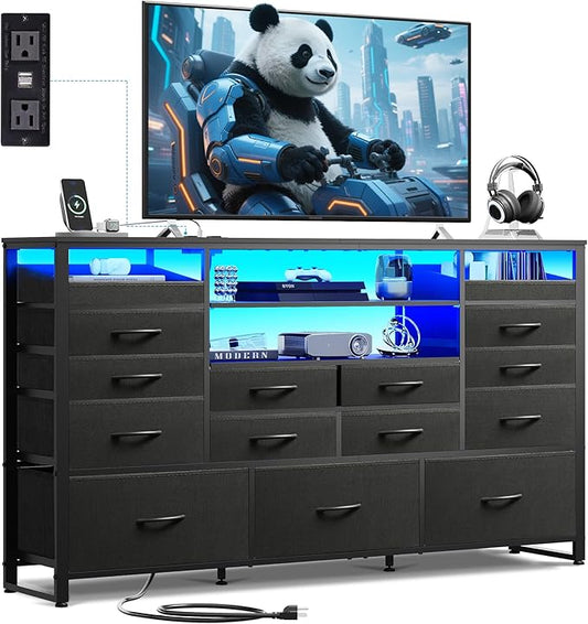 WLIVE Black TV Stand for 55, 60, 65 inch TV, Entertainment Center with LED Lights & Charging Station, TV Media Console Table with 15 Fabric Drawers and Open Shelves for Living Room, Hallway, Wood Topm