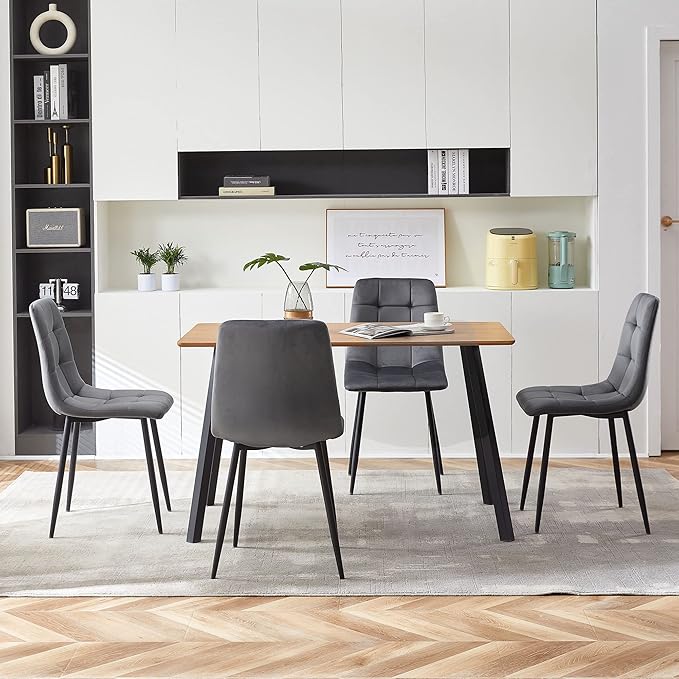 Dining Chair Set of 4,Modern Home Chair Upholstered Velvet Armless Chair,Elegant Velvet Kitchen Chair Plaid Tufted Pattern with Black Metal Legs for Vanity,Dining Room,Grey