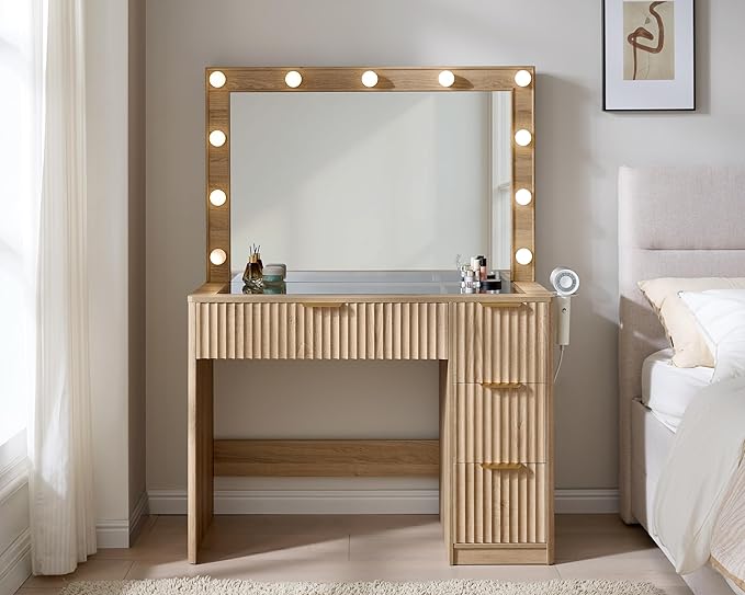 AMERLIFE 36.2" Fluted Vanity Desk with Large Mirror and Adjustable LED Lights, 4 Drawers Makeup Table with Glass Top and Charging Station for Women and Girls, Bedroom or Dorm, Oak