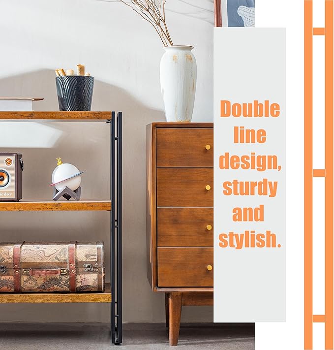 Bookshelf, 3 Tier Horizontal Bookcase, Industrial Book Shelf for Living Room, Home Office, Kitchen, Rustic Brown