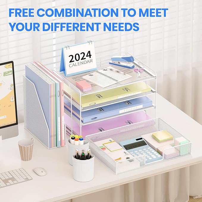 Desk Organizer and Accessories, 4-Tier Desktop File Organizer with Drawer and 2 Pen Holders, Office Desk Accessories for Office Supplies(White)
