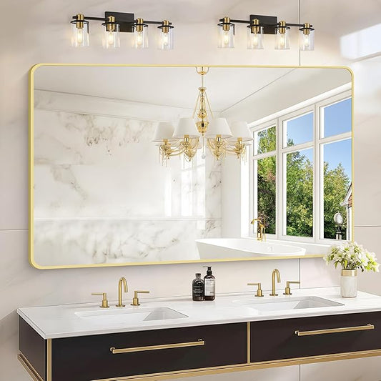 55x36 Inch Gold Bathroom Mirror, Metal Framed Large Rectangle Mirror, Rounded Rectangular Vanity Mirror, Wall Mounted Mirror for Over Sink Living Room Bedroom Entryway Horizontal/Vertical