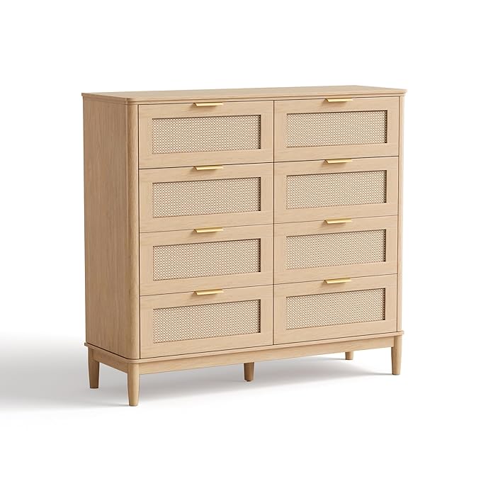 LINSY HOME Rattan Dresser for Bedroom with 8 Drawers, 54" Wide Chest of Drawers, Mid Century Modern Dresser TV Stand with Metal Handle, Wood Closet Storage Cabinet for Living Room, Hallway, Oak