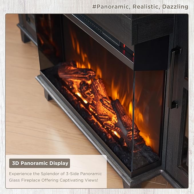 JXQTLINGMU Fireplace TV Stand for 75" TV, 32" Tall Farmhouse Entertainment Center with 26'' Electric Fireplace & LED Light, Rustic Media Console with 2 Large Storage Cabinets for Living Room, Black