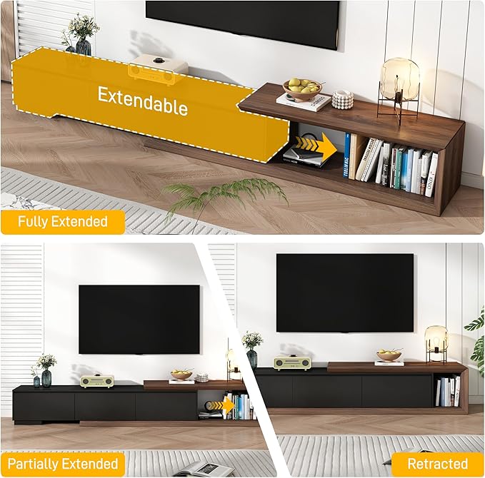 Extendable TV Stand with 3 Drawers, Modern Minimalist Entertainment Center, Reversible Long TV Media Console, Bevel Design, 82-107.3 Inch, Black & Walnut