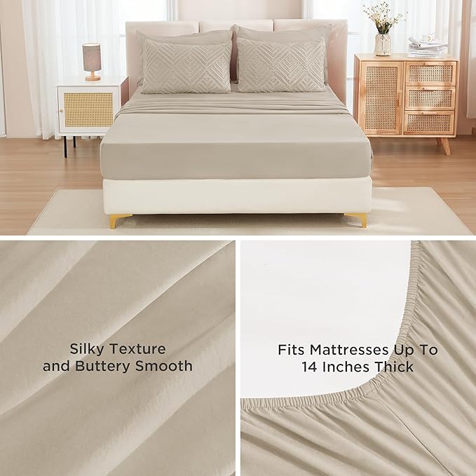 Andency California King Comforter Set Oatmeal - 7 Pieces Bed in a Bag Cal King Bedding Comforter Sets, Tufted Lightweight Fluffy Bed Set with Comforter, Sheets, Pillowcases & Shams