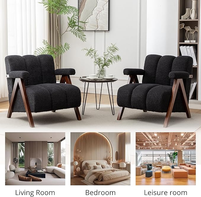 Mid Century Modern Accent Chairs Set of 2 with Solid Wood Frame, Boucle Upholstered Living Room Chairs with Thick Cushion, Comfy Tufted Arm Chair for Bedroom, Black