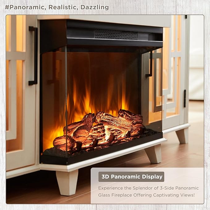 JXQTLINGMU Fireplace TV Stand for 75" TV, 32" Tall Farmhouse Entertainment Center with 26'' Electric Fireplace & LED Light, Rustic Media Console with 2 Large Storage Cabinets for Living Room, White