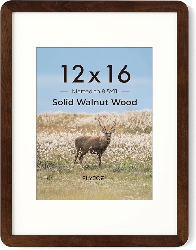 12x16 Picture Frame - Solid Walnut Wood 12''x16'' Poster Frame, 12x16 Picture Frame With Mat For 8.5x11, Tempered Glass and Hanging Hardware Included, 16 By 12 Frame Wood, Natural Walnut