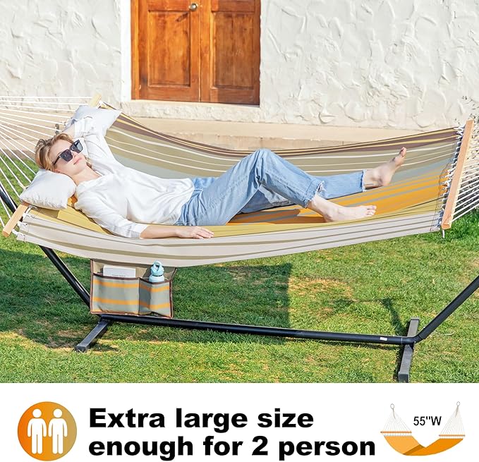 Waterproof Double Hammock with Stand for Outside Heavy Duty, 2 Person 55'' Large Quick Dry Textilene Hammocks with Hardwood Spreader Bar, Pillow, Pockets, for Outdoor, 475lbs Capacity (Coffee)