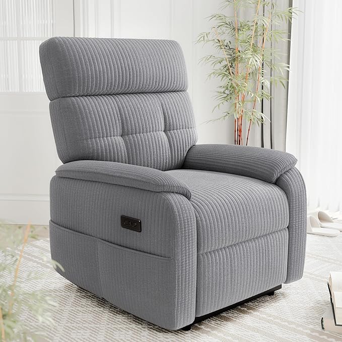 Claiks Zero Gravity Recliner Chair, Oversized Reclining Chair for Adults, Adjustable Electric Reclining Sofa Lounge with USB&Type-C Ports, Side Pocket, for Living Room, Corduroy, Grey
