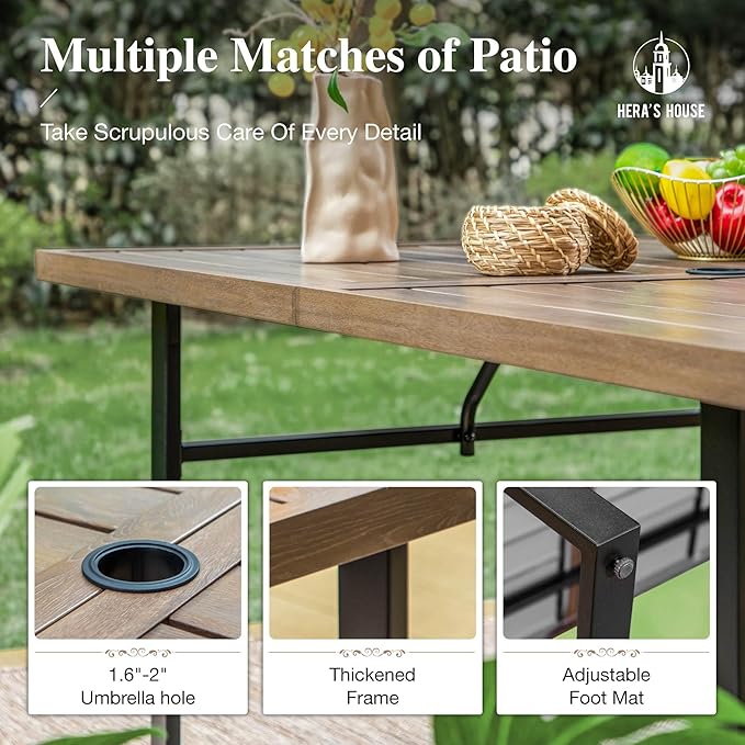 HERA'S HOUSE 7 Piece Patio Dining Set for 6, 6 x Outdoor Rattan Armchair with Removable Cushions, 1 x 64 Inches Rectangular Patio Table with Umbrella Hole for Patio, Lawn, Garden