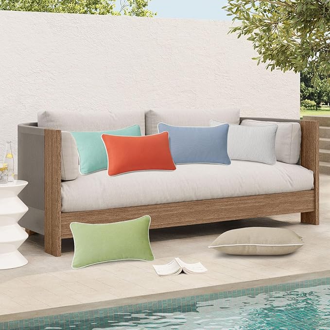 Decorative Outdoor Water Repellent Throw Pillows with Inserts, Set of 4, 20" x12" Pillows for Patio, Backyard, Bed, Couch, and Patio Furniture, Aqua Green