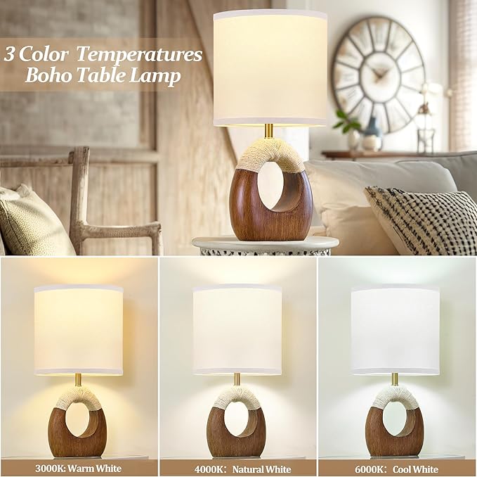 Table Lamp for Bedroom Set of 2 - Bedside Table Lamps with 3 Color Temperatures - Boho Rattan Lamps for Night Stands Small Farmhouse Living Room Lamp for Reading Sleeping Bulbs Included