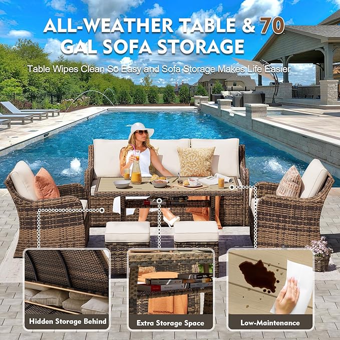6 Pieces Outdoor Patio Furniture Set, Wicker Patio Conversation Set, Patio Sectional Furniture Set with 2 Single Chair and Sofa, 2 Ottomans and Dining Table (Brown)