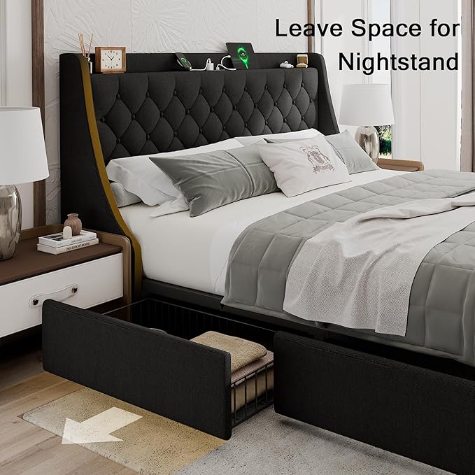King Size Bed Frame with 4 Storage Drawers, Upholstered Bed Frame with Wingback Headboard, Charging Station, No Box Spring Needed, Easy Assembly, Black