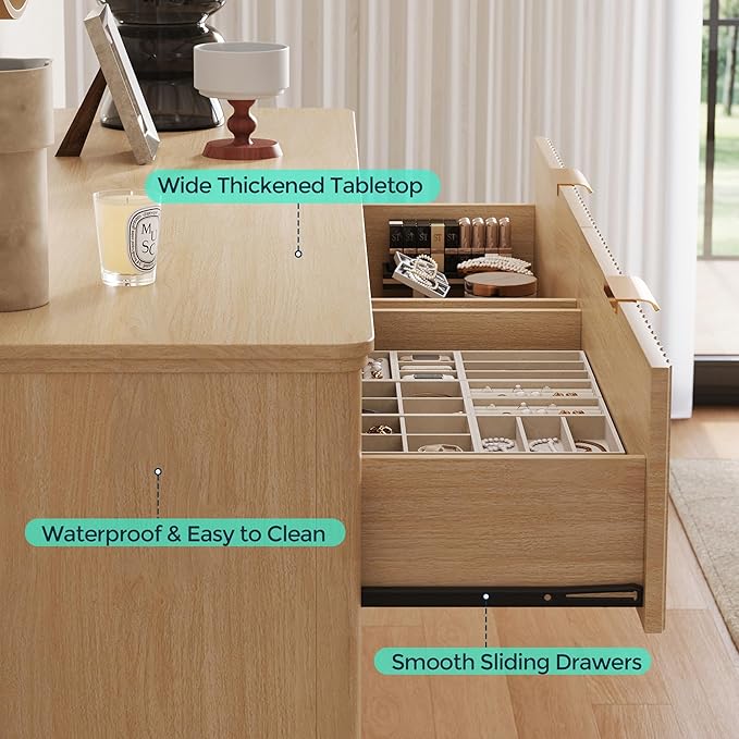 LINSY HOME Fluted Dresser for Bedroom with 6 Drawers, 54" Wide Chest of Drawers, Mid Century Modern Dresser TV Stand with Metal Handle, Wood Closet Storage Cabinet for Living Room, Hallway, Oak