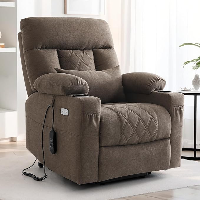 Power Lift Recliner Chair for Elderly with Extended Footrest, Infinite Position Lay Flat Recliner Chair for Adult W/Massage & Heating, Adjustable Headrest, 3-Motor Zero Gravity,Cup Holder, Fabric