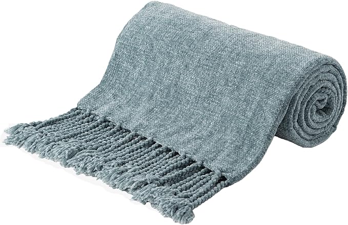 BATTILO HOME Blue Grey Throw Blanket for Couch Bed, Soft Cozy Light Blue Chenille Throw Blanket with Fringe, Lightweight Throw Blanket for Home Decor, 50"x60"