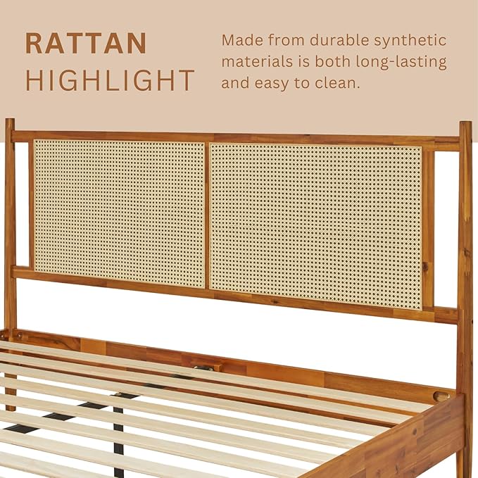 Bme Oliver King Bed Frame and Headboard - 15-Inch Signature Design with Rattan Headboard, Bohemian and Mid Century Style, 12-Slat Wood Support, No Box Spring Needed - Easy Assembly, Caramel