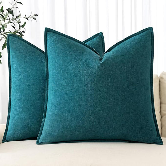 MIULEE Decorative Linen Euro Sham Pillow Covers 24x24 Teal Blue Boho Farmhouse Neutral Couch Throw Pillows for Bed Pack of 2 Accent Coastal Modern Pillowcase Summer Sofa Livingroom Home Decor