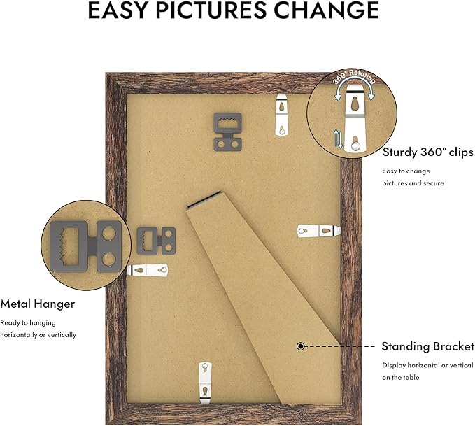 6x9 Picture Frame with Glass, Display Pictures 5x8 with Mat or 6 x 9 without Mat - Wall and Tabletop, 6 by 9 Photo Wooden Frames (Rustic Brown, 1 Pack)