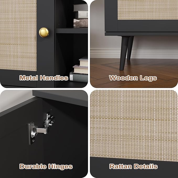 Rattan TV Stand for 55/65/70 inch TV, Boho 59" Entertainment Center with Storage, Modern Mid Century Media Console with Rattan Doors and Adjustable Shelf, Wood TV Stand for Living Room, Black