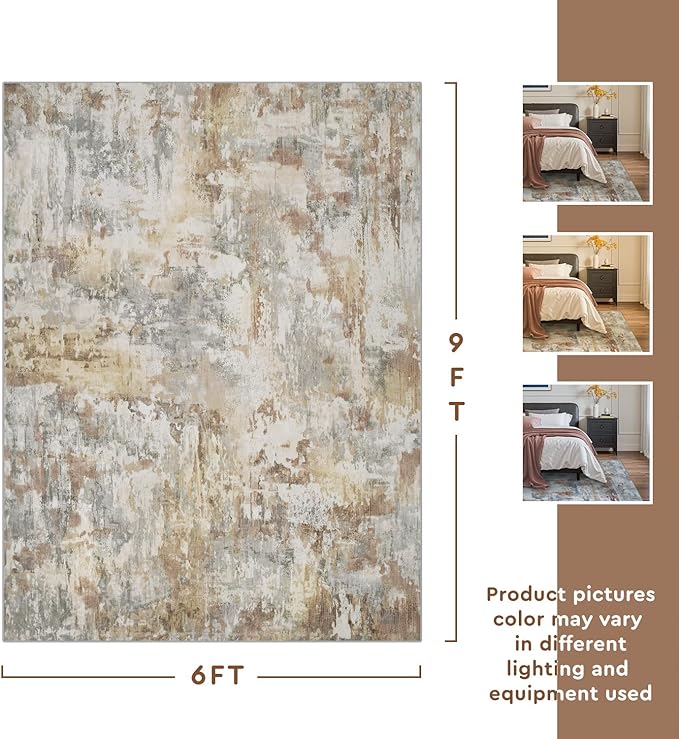 tchdio Area Rug 6x9 Rugs for Living Room- Abstract Soft Living Room Rug-Non Slip Carpet-Machine Washable Rug for Bedroom Dining Room Home Office Modern Rugs Light Grey/Brown/Beige