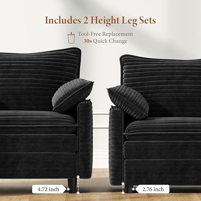 Vesgantti 40" Single Seat Sofa, Comfy Cloud Couch Deep Seat Upholstered Couch Corduroy Modern Sofa with Armrest Pillow, Easy Assembly for Living Room, Bedroom and Apartment, Black