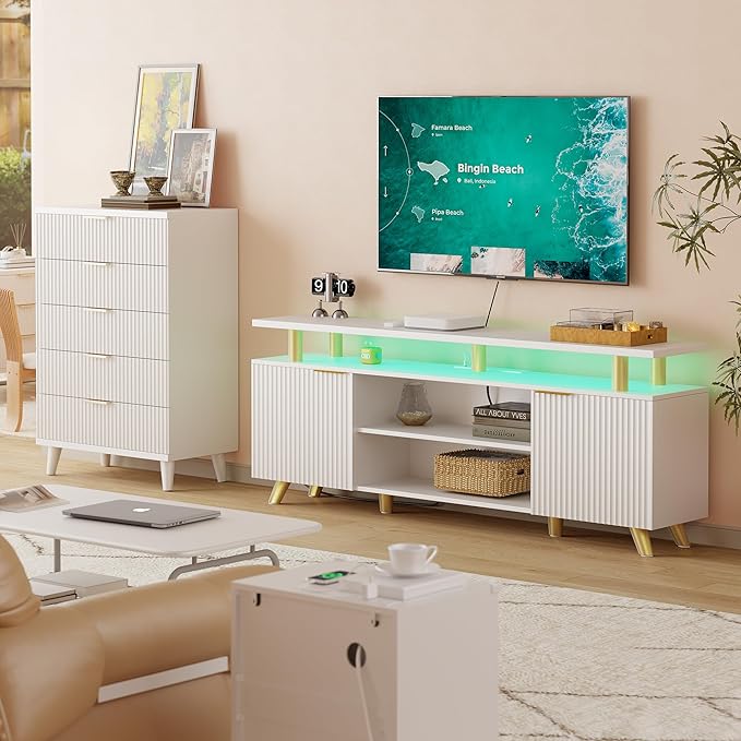 Lulive Luxury Fluted TV Stand for 60/65/70 Inch TV with Power Outlet & LED Light, Modern Entertainment Center with Fluted Panel Design, Modern TV Console Table for Living Room & Bedroom, White