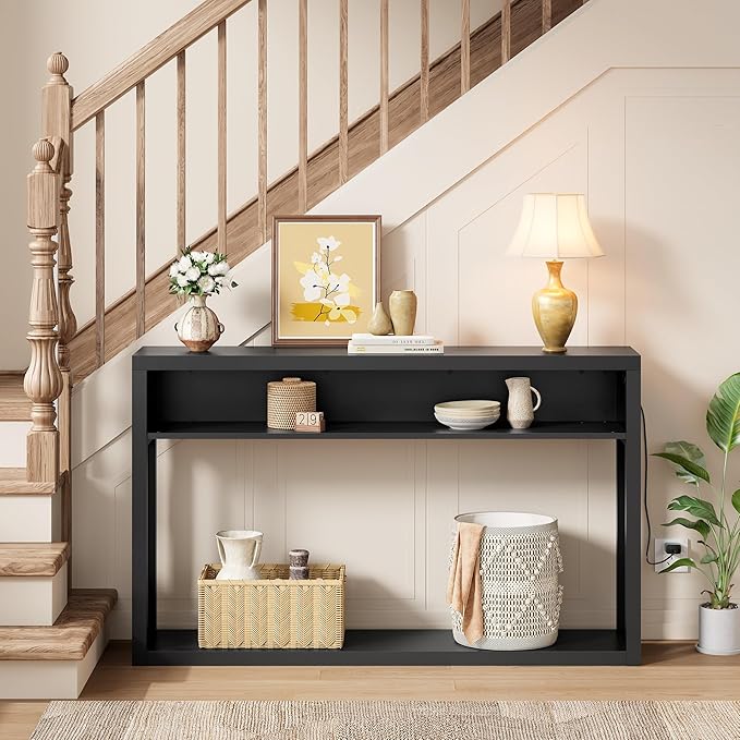 FAVOOSTY 47.2" Farmhouse Console Table with Storage, Entryway Console Table with Led Light, 2-Tier Entryway Table Sofa Table Behind Couch Table Hallway Stand for Living Room,Foyer,Entrance Black