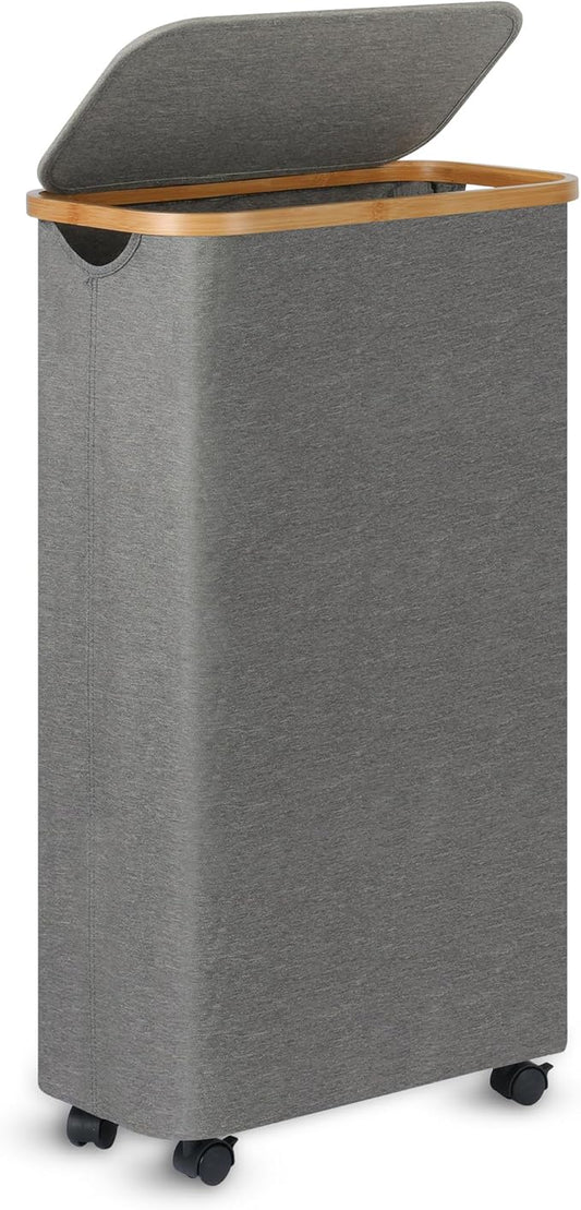 Slim Laundry Basket with Wheels,Narrow Hampers for Laundry, Laundry Hamper with Lid&Bamboo Handles,Collapsible Waterproof Tall Cloth Hamper for Dorm Family(60L Grey)