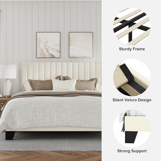 Queen Size Bed Frame, Velvet Upholstered Platform Bed with Adjustable Tufted Headboard, Sturdy Frame and Slats, Noiseless, No Box Spring Required, Easy to Assemble, Beige