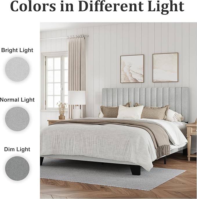 Full Size Bed Frame, Fabric Upholstered Platform Bed with Adjustable Headboard, Sturdy Frame and Wooden Slats, Noiseless, No Box Spring Required, Easy to Assemble, Light Grey