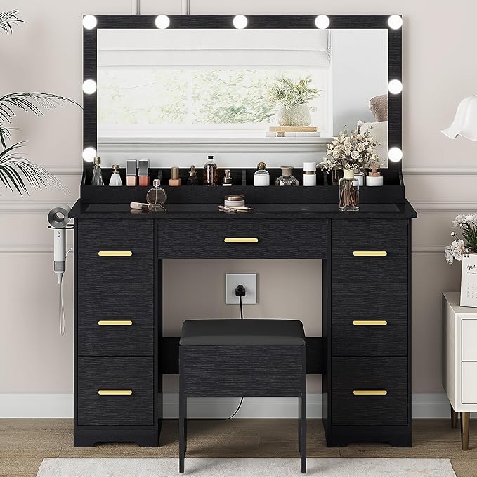 Makeup Vanity Desk with Mirror and Lights, Glass Top Vanity with 38" Lighted Mirror & Charging Station, Large Vanity Mirror with Lights Desk and Chair for Girls 3 Lightings Mode Adjusted, Black