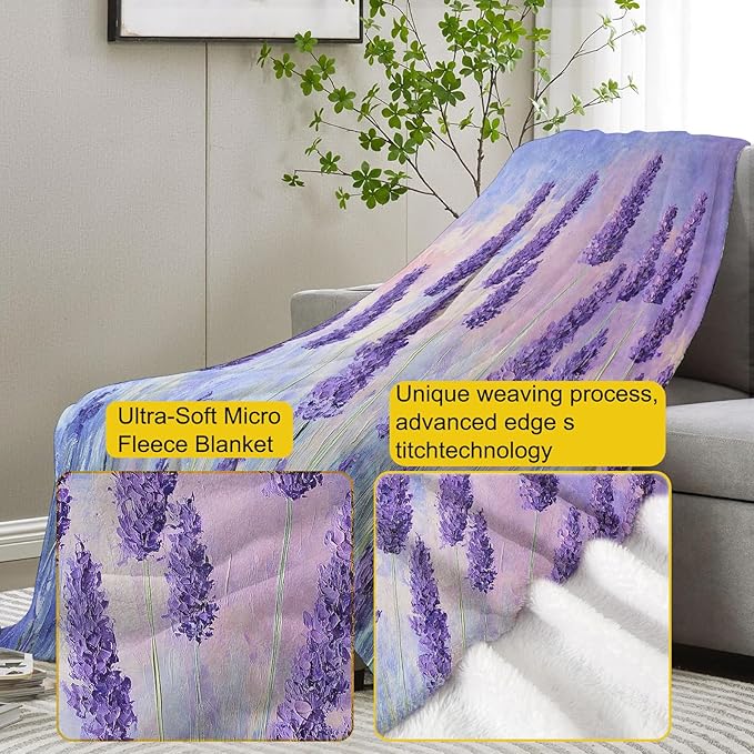 Lavender Fields Flannel Blanket, Floral Gifts, Lavender-Themed Blanket for Women, Soft Lightweight Throw Blankets for Bed Home Travel Decor 40" x 50"