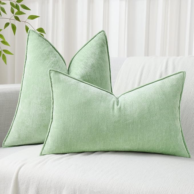 decorUhome Couch Throw Pillow Covers 24x24 Set of 2, Decorative Soft Euro Neutral Chenille Pillow Covers with Elegant Design for Sofa Bed Living Room Home Decor, Sage Green
