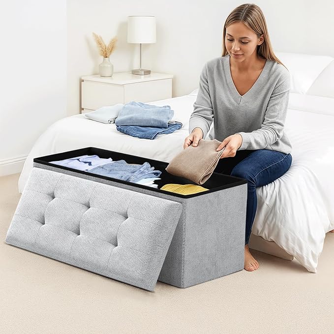 Storage Ottoman Bench, 30 Inch Ottoman Foot Rest, End of Bed Bench, Storage Chest, Load 700 lb, for Living Room, Bedroom, Entryway, Light Gray