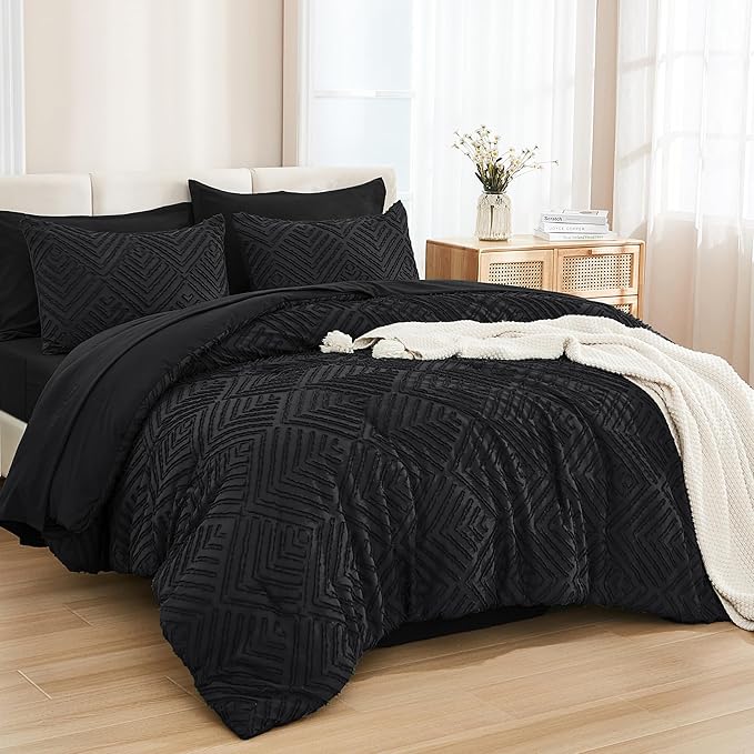 Andency Super King Comforter Set with Sheets Black - 7 Pieces Bed in a Bag Super King Boho Lightweight Fluffy Tufted Bedding Sets with Comforter, Sheets, Pillowcases & Shams