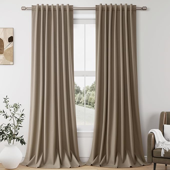 Guken Dark Camel Blackout Curtains 120 Inch Length 2 Panels Set for Living Room Bedroom Back Tab Thermal Insulated 100% Black Out Linen Drapes Room Darkening Window Curtains 120 Inches Long