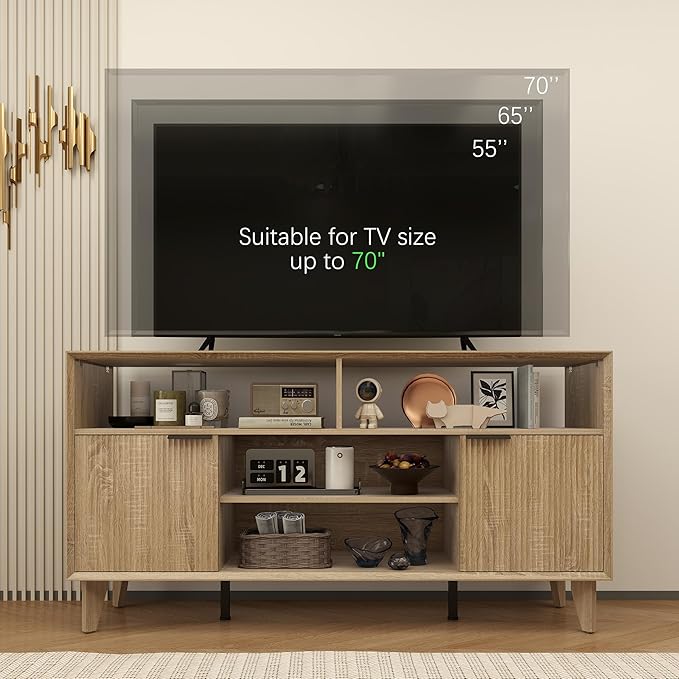 Fluted TV Stand for 70 inch，Entertainment Center with Storage Cabinets, Modern TV Console with Open Adjustable Shelves, TV Stand for Living Room Bedroom, Natural
